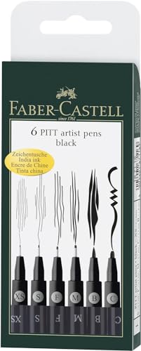 Faber-Castell F167116 Pitt Artist Pen Wallet of 6 with Assorted Tips - Black - size: 1 Count (Pack of 1), style: Pitt Artist Pen Wallet of 6 - Black