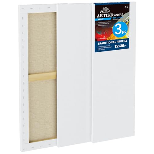PHOENIX 12x36 Inch 3 Pack Artist Canvas - Large Skinny Stretched Canvases for Painting - 3/4 Inch Profile, 100% Cotton 11 Oz. Gesso Primed White Blank Professional Canvas Oil & Acrylic Paints - size: 12"x36", style: Traditional