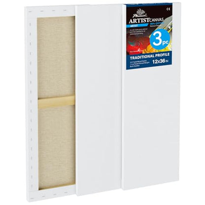 PHOENIX 12x36 Inch 3 Pack Artist Canvas - Large Skinny Stretched Canvases for Painting - 3/4 Inch Profile, 100% Cotton 11 Oz. Gesso Primed White Blank Professional Canvas Oil & Acrylic Paints - size: 12"x36", style: Traditional
