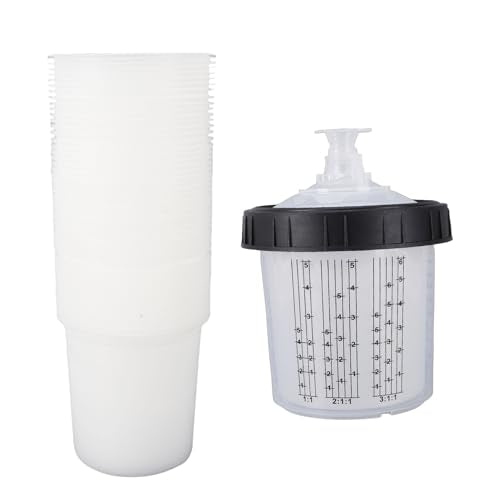 Paint Spray Cup Liners Lid System ABS Disposable Paint Spray Cup Set 20.3oz 600ml with 50 Liners 50 Filter Lids Leak Mixing for HVLP LVLP Painters