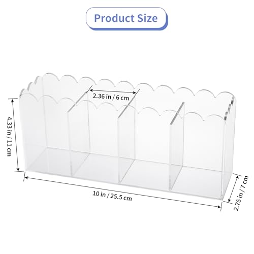 MOLIGOU Acrylic Pencil Holder, 4 Compartments Clear Pen Organizer, Desktop Pencil Holder with Scalloped Edges
