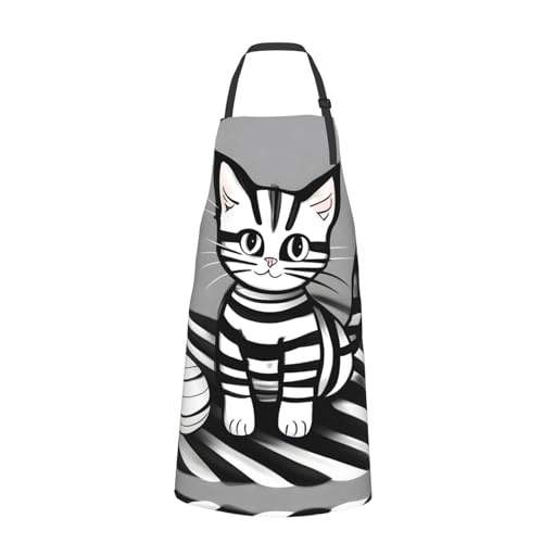 Round watercolor painting Heavy Duty Waterproof Apron with Pockets for AdultsResistant Grilling, Gardening, Painting - color: Play Ball Kitty