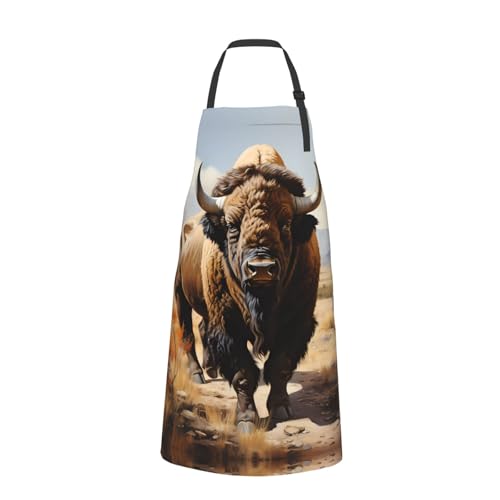 Prancing Brown Horse Heavy Duty Waterproof Apron with Pockets for AdultsResistant Grilling, Gardening, Painting - color: North American Bison Herd