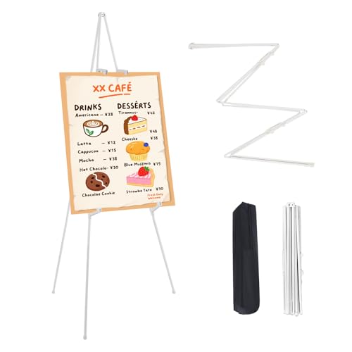 MXG Portable Folding Metal White Display Easel Stand for Sign, Painting & Poster, 66" Height Adjustable Acrylic Sign Holder with 4 Clips for Wedding, Office, Art Exhibition & Classroom - color: White