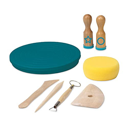 MindWare Beginner Pottery Tool Kit for Kids - 8 Piece Set Includes Hand Wheel, Sponge, Rib, Molding Tools and More