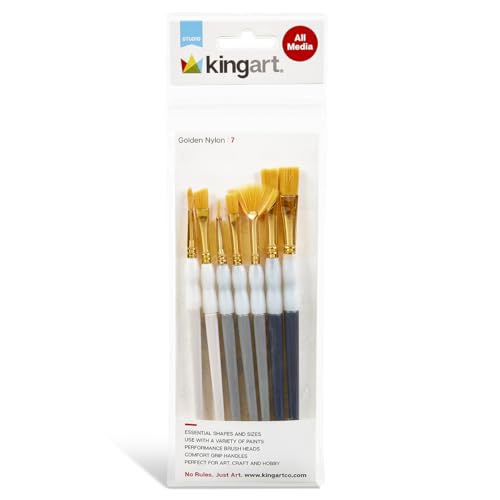 KINGART 7-Piece Studio Golden Nylon Artist Brush Collection with Zippered Carrying Case – Versatile Synthetic Paint Brushes for Acrylic, Watercolor, Oil, Tempera, Gouache, and Face Painting DIY