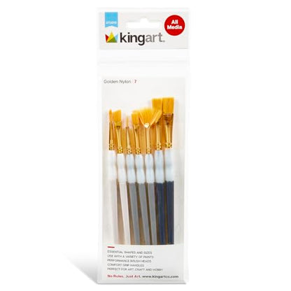 KINGART 7-Piece Studio Golden Nylon Artist Brush Collection with Zippered Carrying Case – Versatile Synthetic Paint Brushes for Acrylic, Watercolor, Oil, Tempera, Gouache, and Face Painting DIY