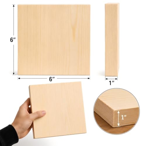 Unfinished Wood Blocks for Crafting, 4 Pack 6 x 6 x 1 Inch Solid Pine Wood Carving Blocks for DIY Carving, Whittling, Painting, Engraving, Art Classes and Photo Display - size: 6x6x1 Inch