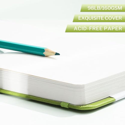 Prudiut 5" x 5" Hardcover Pocket Sketchbook, 80 Sheets, Emerald Green | 160gsm acid-free paper, elastic closure, ribbon bookmark, compact travel size for sketching on the go - color: Emerald Green