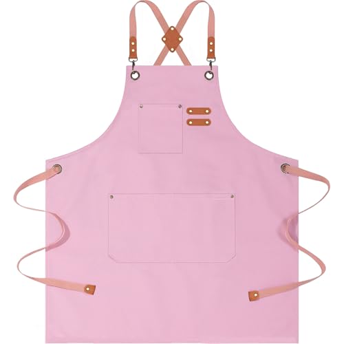 AFUN Aprons for Men Women with Large Pockets, 16-Ounce Cotton Canvas Cross Back Apron - color: Light Pink