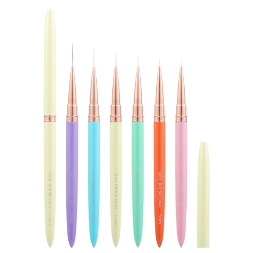 6Pcs Colorful Nail Art Liner Brushes Set, Detail Painting Design Fine Lines Drawing With Cap Metal Handle Home DIY Salon Manicure Tool Women Gifts, 5/7/9/11/15/18mm - color: Multicolor