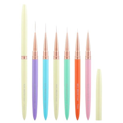 6Pcs Colorful Nail Art Liner Brushes Set, Detail Painting Design Fine Lines Drawing With Cap Metal Handle Home DIY Salon Manicure Tool Women Gifts, 5/7/9/11/15/18mm - color: Multicolor