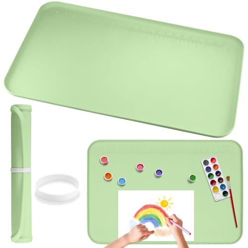 Silicone Painting Mat with Raised Sides, 24" x 16" Playdoh Art Mat | Food-Grade Silicone Art Mat for Crafts, Protects Table From Spills, Stains, Paint Mats for Clay, Jewelry-Making, Painting - color: Green