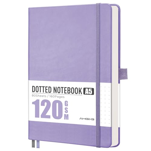 AHGXG Dotted Journal Notebook, 160 Numbered Pages, A5 Medium Size (5.7'' x 8.3''), 120 GSM Thick Paper, Leather Hardcover, for Journaling, Planning, Tracking (Light Purple) - color: Light Purple, style: Dotted