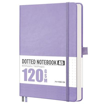 AHGXG Dotted Journal Notebook, 160 Numbered Pages, A5 Medium Size (5.7'' x 8.3''), 120 GSM Thick Paper, Leather Hardcover, for Journaling, Planning, Tracking (Light Purple) - color: Light Purple, style: Dotted