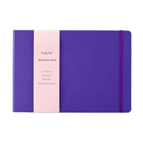 CuppaClip Watercolor Paper Cotton Hot-Pressed with Inner Pocket Watercolor Sketchbook Journal As Travel Notebook 300 GSM 140 LB (Purple, 11.81x8.26in) - color: Purple, size: 11.81x8.26in