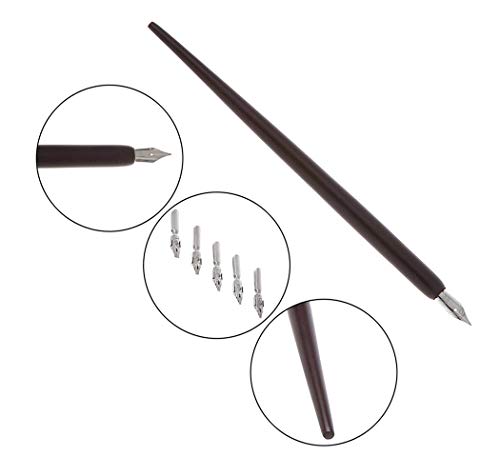 Wooden Calligraphy Dip Pen, Wood English Calligraphy Pen Copperplate Script Oblique Dip Pen Holder with 5 Different Nibs, Brown - color: Brown + 5Nib