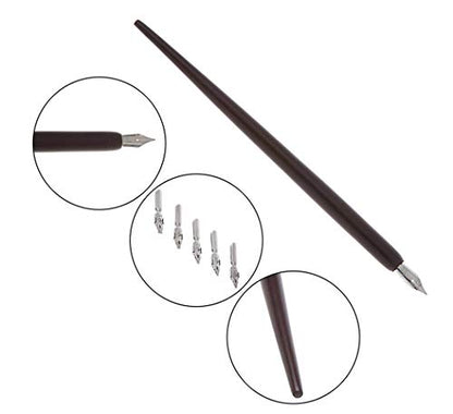 Wooden Calligraphy Dip Pen, Wood English Calligraphy Pen Copperplate Script Oblique Dip Pen Holder with 5 Different Nibs, Brown - color: Brown + 5Nib