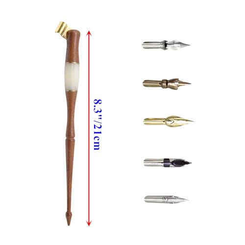 Wood Calligraphy Oblique Dip Pen Holder Set, Removable Nib Pen Handle with 5 Nibs for English Calligraphy Drawing Comic, Brown - color: Brown