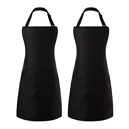 Tosewever 2 Pack Adjustable Bib Apron, Waterdrop Resistant Aprons with 2 Pockets Cooking Kitchen Restaurant Aprons for Women Men Chef, BBQ Drawing Crafting Outdoors (Polyester-Black, 2) - color: Polyester-black