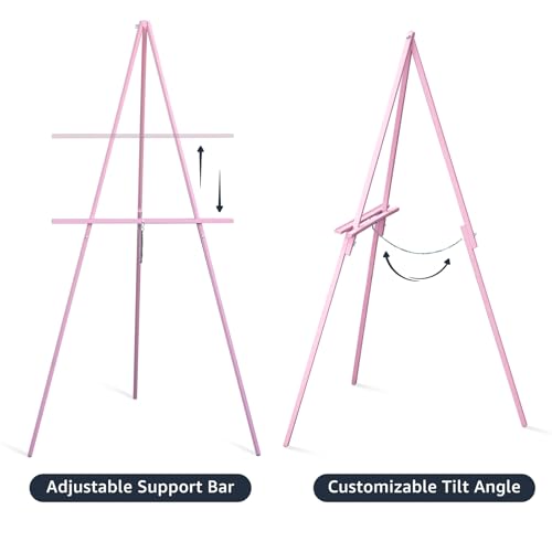 NianFeng Wooden Easel Stand for Sign, Easel Display Stand Floor for Wedding Sign with Adjustable Tray, 63-Inch, Tripod A-Frame Poster Light Duty, Welcome, Art Show & Baby Shower (Pink) - color: Pink