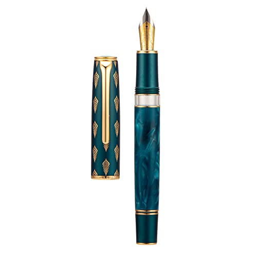Hongdian N7 Blue Peacock Resin Piston Fountain Pen, Iridium Fine Nib Classic Pen, Smooth Writing Pen with Metal Box - color: Blue-N7, style: Fine Point