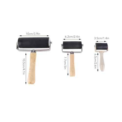 3Pcs Rubber Roller, Wooden Handle Non Slip Design with 3 Different Sizes, for Printmaking Ink Stamping Arts Crafts Home Decoration