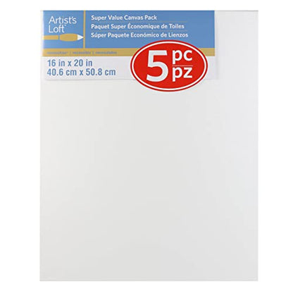 Artist's Loft 5 Count 16” x 20” Super Value Canvas - Acid Free Cotton Canvas for Paint, Acrylic, & Oils - 1 Pack - size: 16 x 20 inches