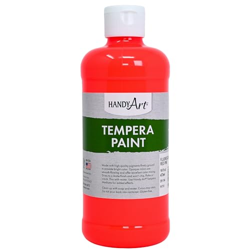 Handy Art Premium Tempera Paint, Neon Fluorescent Red, 16 oz Pint Bottle | Matte Finish, High Quality Pigments with Superior Opacity, Smooth & Bright Mixable Colors, Safe & Non-Toxic, Made in USA - color: Fluorescent Red, size: 16 Fl Oz