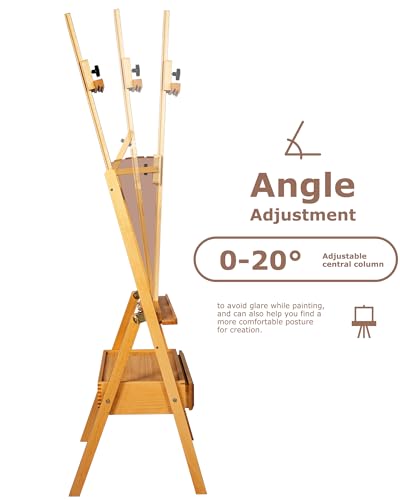 DJAR Solid Beech Wood H-Frame Art Easel with Storage Drawer, Natural | Artist Painting Stand for Adults, Holds Canvas up to 36", Main Mast Adjustable to 75", Great for Home Studios & Classroom