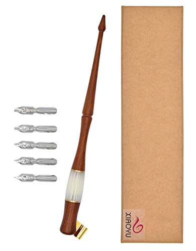 XIAOYU Oblique Wooden Pen Set, Calligraphy Set for Beginners, 5 Calligraphy Dip Pen Nibs, Brown - color: Brown