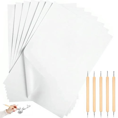 150 Sheets White Carbon Graphite Transfer Paper A4 Size Tracing Carbon Copy Graphite Paper with 5 Embossing Stylus Tracing Stylus Dotting Tools for Cloth Fabric Embroidery and Wood