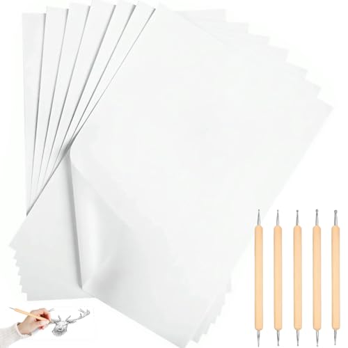 150 Sheets White Carbon Graphite Transfer Paper A4 Size Tracing Carbon Copy Graphite Paper with 5 Embossing Stylus Tracing Stylus Dotting Tools for Cloth Fabric Embroidery and Wood