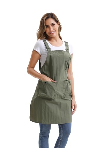 Nanxson Kitchen Apron for Women,H Style Cooking Apron with 3 Pockets | Waterproof material,pocket with buckle,adjustable waist strap,work apron for kitchen art painting gardening - color: Armygreen