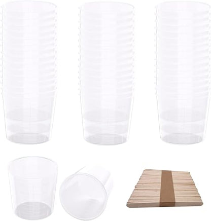30 Pack 2 Ounce Plastic Graduated Cups | 60 ml Transparent Scale Cups with 30 Pcs Wooden Stirring Sticks for Mixing Paint, Epoxy, Resin - size: 2 OZ (Pack of 30)