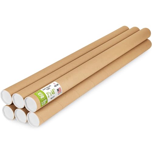 3" x 48" Reinforced Kraft Paper Mailing Tube, Pack of 6 Tubes with 12 Caps – Secure USPS Approved Poster Tube – Cardboard Tube for Shipping and Storing Posters, Prints, Artwork, or Documents - color: Standard-Duty, size: 3" x 48"