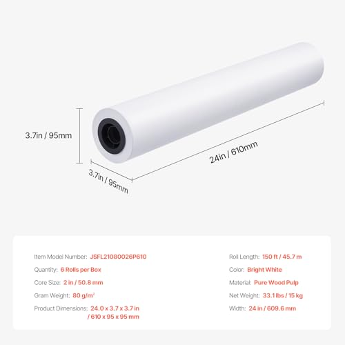 VEVOR 24 in x 150 ft Plotter Paper, 6 Rolls, 20 LB Bond, Architectural D/E, 2496 Sheets, White, Uncoated, Biodegradable, 94% Opacity, Ideal for CAD, Engineering, GIS Maps & Architectural Designs - size: 24 in x 150 ft, style: 6 Rolls