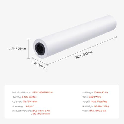 VEVOR 24 in x 150 ft Plotter Paper, 6 Rolls, 20 LB Bond, Architectural D/E, 2496 Sheets, White, Uncoated, Biodegradable, 94% Opacity, Ideal for CAD, Engineering, GIS Maps & Architectural Designs - size: 24 in x 150 ft, style: 6 Rolls