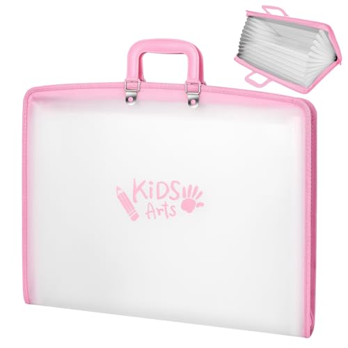 11x17 Kids Art Portfolio - Accordian File Organizer with 13 Pockets, Art Portfolio for Kids with Handle and Zipper Closure - Oxford Cloth, Frosted Translucent Artwork Folder for Children - Pink - color: Pink