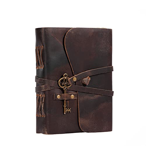 Leather Journal with Deckle Edge Paper 8x6 inch and Vintage Key | Handmade Writing Notebook Diary | Bound Daily Notepad for Men & Women Medium, Sketch/Writing pad for Artists - color: Brown, size: 9 x 6, style: Lined Deckle Paper