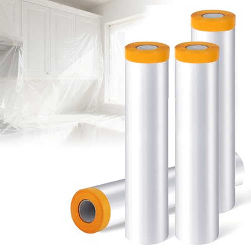 4 Rolls 8.9 x 65.6 Feet Pre-Taped Masking Film, Tape and Drape Drop Cloth, Plastic Sheeting Drop Cloth for Painting, Automotive Covering and Appliance Protection (8.9 x 65.6 Feet)