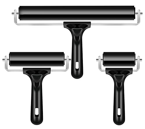 3 Pack Printmaking Brayers - Premium Brayer Rollers for Crafting, Hard Rubber Roller Brayers, Vinyl Roller Ink Paint Brush for Wallpapers Stamping Gluing Application (2.4’’, 4’’, 7.9’’) (Black)