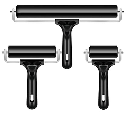 3 Pack Printmaking Brayers - Premium Brayer Rollers for Crafting, Hard Rubber Roller Brayers, Vinyl Roller Ink Paint Brush for Wallpapers Stamping Gluing Application (2.4’’, 4’’, 7.9’’) (Black)