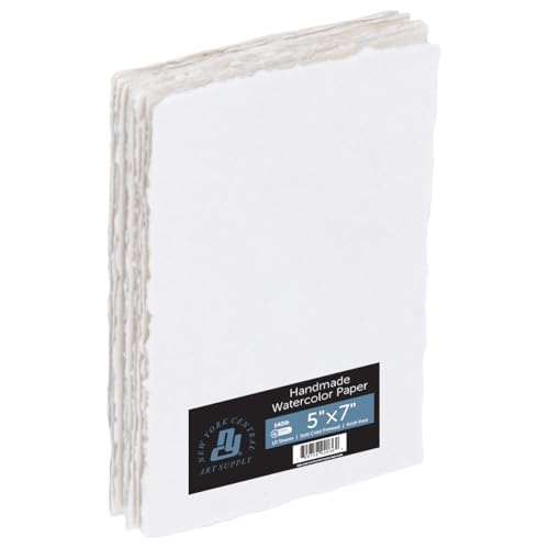 New York Central Handmade Watercolor Paper - 140lb, 5"x7" - 5 Packs of 10, 50 Total Sheets, Acid-Free 100% Cotton Rag, Cold Press, 4 Deckled Edges, Minimally Sized Mixed Media Paper - size: 5x7"