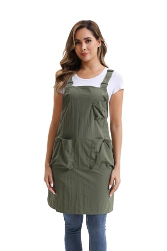 Nanxson Kitchen Apron for Women,H Style Cooking Apron with 3 Pockets | Waterproof material,pocket with buckle,adjustable waist strap,work apron for kitchen art painting gardening - color: Armygreen