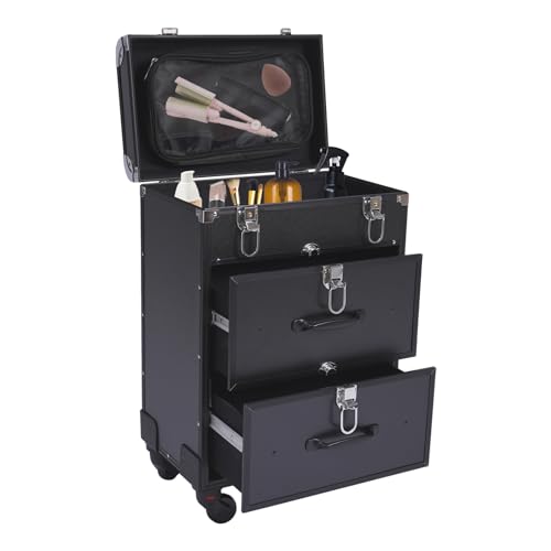Lockable Makeup Train Case,110lbs Rolling Hairdressing Trolley,Beauty Salon Cosmetic Luggage with Universal Wheels for Hair Stylist,Make-up Artists,Hairdressers (Black 5) - color: Black 5