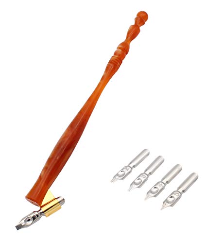 XIAOYU Calligraphy Oblique Nib Pen Holder, English Calligraphy Pen Nib Holder, Resin Dip Pen Handle Nib Holder with 5 Flat Nibs, Brown - color: Brown