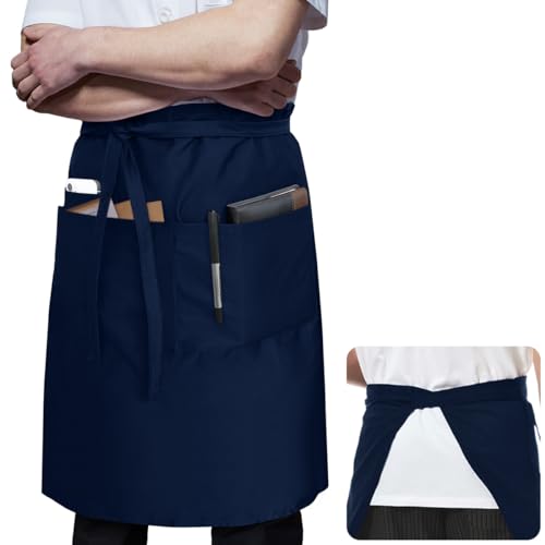 ROTANET Long Server Apron Black with 3 Pockets Bistro Half Aprons for Men Women Waiter Waitress Chef 28 Inch Waterproof - color: Navy Blue