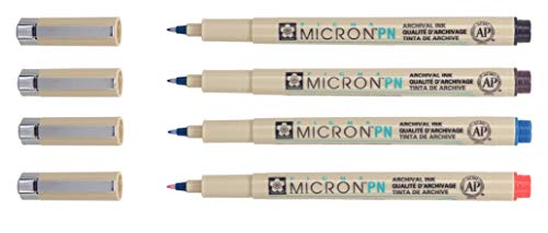 SAKURA PIGMA MICRON, PACK OF 4 ESSENTIAL COLORS, BLACK+RED+BLUE+SEPIA, (PN) - size: PN