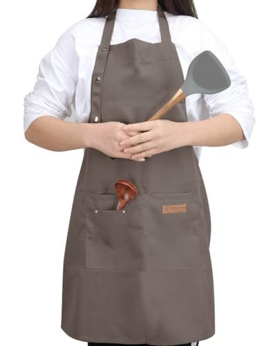 Kitchen Cooking Apron for Women Men with Big Pockets Canvas Waterproof Aprons for Server Pottery Artist Chef Apron - color: Khaki